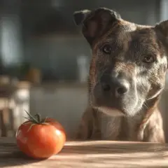 Un chien tigré regarde une tomate sur une table en bois. Il semble curieux de savoir si cette tomate est pour chien.