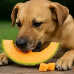 Un chien brun savoure une tranche de melon juteux, entouré de dés de melon sur une table en bois.