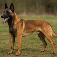Un magnifique Malinois, fier et alerte, sur une pelouse. Son énergie débordante est son atout, mais sa sensibilité peut être son point faible du malinois.