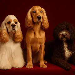 Trois chiens posent sur un fond bordeaux : un cocker américain blanc et fauve, un cocker anglais doré, et un caniche noir.