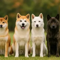 Quatre chiens, dont un akita inu, posent sur l'herbe. Deux sont roux, un est blanc et le dernier est tigré.