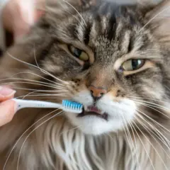 Un chat Maine Coon au pelage long et soyeux se fait brosser les dents avec une petite brosse à dents bleue.