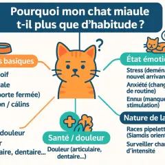 Un chat roux, au regard triste, est au centre d'un schéma expliquant pourquoi il miaule fort sans raison. Les causes possibles sont : besoins basiques, santé/douleur, état émotionnel, et nature de la race.