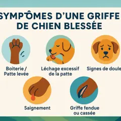 Illustration des symptômes d'une griffe de chien blessée, incluant une griffe fendue ou cassée, boiterie, léchage excessif, saignement et signes de douleur.