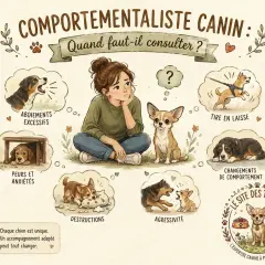 Illustration d'une jeune femme réfléchissant aux problèmes de comportement canin : aboiements, peurs, destructions, agressivité, tirage en laisse, changements. Un comportementaliste canin peut aider.