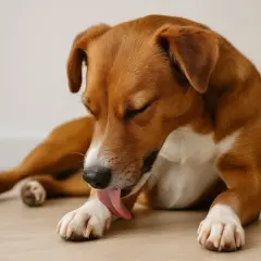 Un chien brun et blanc se lèche les pattes, peut-être pour se nettoyer ou par ennui.