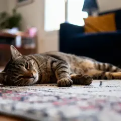 Un chat tigré se repose sur un tapis. Il est important de savoir combien de temps pour éliminer les vers du chat pour sa santé.