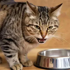 Un chat tigré, l'air contrarié, émet un miaulement du chat qui s'ennuie près d'une gamelle vide.
