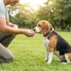 Un homme donne une friandise à un adorable beagle chien assis dans l'herbe, sous le soleil.