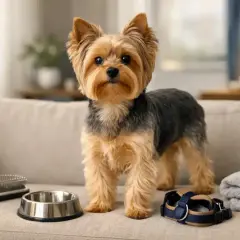 Un adorable yorkshire terrier se tient sur un canapé, prêt pour sa promenade. À ses côtés, une gamelle, une brosse et un harnais.