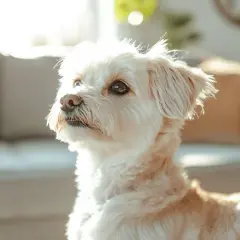 Un adorable chien qui n'aboie pas et ne perd pas ses poils, baigné de lumière.