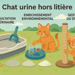 Mon chat fait pipi à côté de sa litière. L'image montre des solutions : consultation vétérinaire, enrichissement environnemental et gestion du stress.
