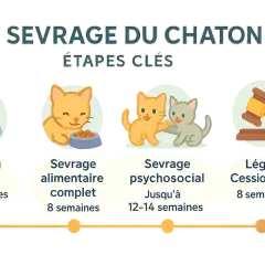 Le sevrage du chaton, de 3-4 semaines à 12-14 semaines, couvre les étapes alimentaire, psychosociale et légale.