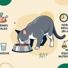 Un chat gris et blanc mange dans sa gamelle. L'image illustre comment nourrir un chat combien de fois par jour : protéines animales, eau fraîche, horaires réguliers (8h et 18h) et équilibre nutritionnel.