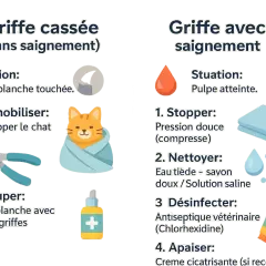 Guide pour soigner une griffe arrachée chez le chat : conseils pour une griffe cassée sans saignement ou avec saignement.