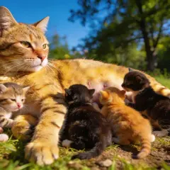 Une chatte tigrée et ses chatons dans l'herbe. Combien de portée par an pour un chat ? Cette mère semble en avoir déjà plusieurs !