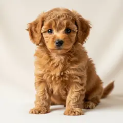 Adorable caniche nain roux, assis, avec des boucles douces et des yeux curieux.