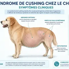Chien atteint du syndrome de Cushing : abdomen distendu, perte de poils, polydipsie, polyphagie, prise de poids, amyotrophie. Consultez un vétérinaire.