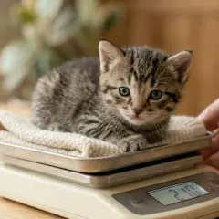 Un adorable chaton tigré sur une balance, pesant 210g. Un signe de bonne prise de poids pour ce petit félin.