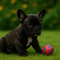 Un adorable bouledogue français nain, tout noir tigré, est assis sur l'herbe verte à côté d'une balle rouge à pois bleus.