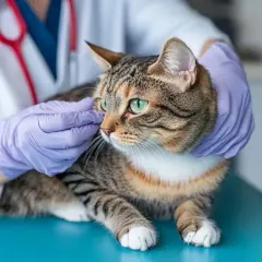 Un chat tigré aux yeux verts est examiné par un vétérinaire en blouse blanche et gants violets, avant sa stérilisation.