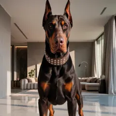 Doberman au collier clouté, regard intense. Mon chien est devenu agressif subitement, il garde la maison.