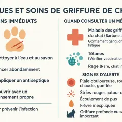 Risques et soins de griffure de chat : nettoyage, antiseptique, pansement. Consulter si fièvre, fatigue, ou signes d'alerte, pour éviter la maladie du chat humain symptômes.