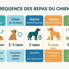 Graphique sur la fréquence des repas du chien. Un chiot de 2-6 mois a besoin de 3-4 repas pour sa croissance intense.