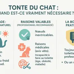 Infographie sur la tonte du chat : le pelage est un isolant naturel. La tonte est nécessaire pour les nœuds ou raisons médicales, à faire par un professionnel.