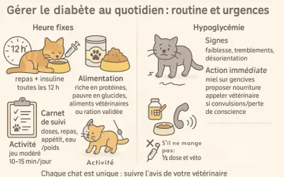 Gestion du diabète félin : routine, alimentation, activité et signes d'hypoglycémie, comme la faiblesse, pour reconnaître les symptômes diabète chat.