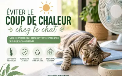 Un chat tigré se repose sur un tapis rafraîchissant, près d'un ventilateur, pour éviter le coup de chaleur. Guide pour protéger votre chat.