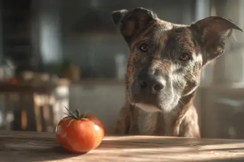 Un chien tigré regarde une tomate sur une table en bois. Il semble curieux de savoir si cette tomate est pour chien.
