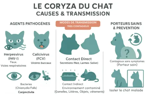 Infographie sur le coryza du chat : causes (herpèsvirus, calicivirus, bactéries), transmission (directe, indirecte) et prévention (porteurs sains, isolement).