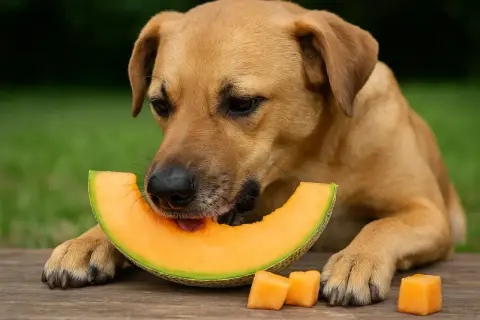 Un chien brun savoure une tranche de melon juteux, entouré de dés de melon sur une table en bois.