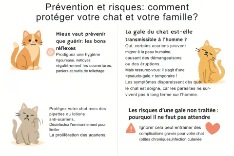La gale du chat est transmissible à l'homme, causant démangeaisons et éruptions. Les symptômes disparaissent quand le chat est soigné.