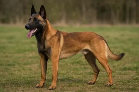 Un magnifique Malinois, fier et alerte, sur une pelouse. Son énergie débordante est son atout, mais sa sensibilité peut être son point faible du malinois.