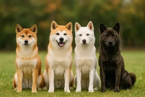 Quatre chiens, dont un akita inu, posent sur l'herbe. Deux sont roux, un est blanc et le dernier est tigré.