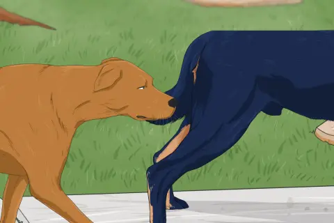 Un chien brun renifle l'arrière d'un chien bleu. Le chien bleu semble un peu surpris par cette saillie chien inexpérimenté.
