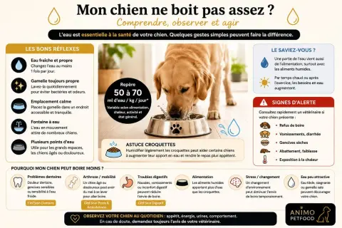 Un chien boit peu ? Conseils pour l'encourager à boire : eau fraîche, gamelle propre, fontaine, astuce croquettes. Signes d'alerte et causes possibles.