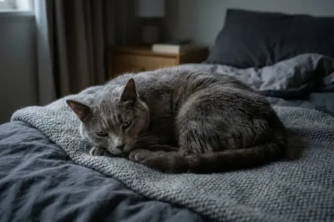 Un chat gris, d'ordinaire si vif, semble soudainement apathique, lové sur un lit sombre.