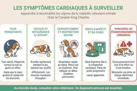 Chien Cavalier King Charles souffrant de maladie valvulaire dégénérative : toux, fatigue, essoufflement, perte d'appétit, syncopes. Urgence vétérinaire.