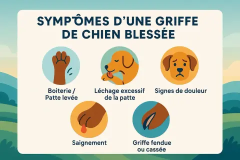 Illustration des symptômes d'une griffe de chien blessée, incluant une griffe fendue ou cassée, boiterie, léchage excessif, saignement et signes de douleur.