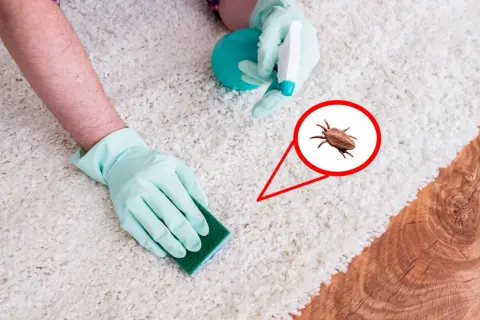 Gants bleus nettoyant un tapis blanc, avec une loupe montrant des puces dans la maison.