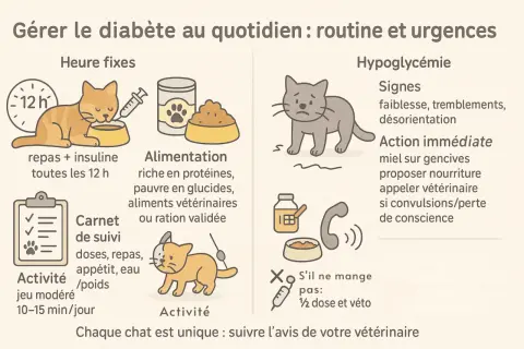 Gestion du diabète félin : routine, alimentation, activité et signes d'hypoglycémie, comme la faiblesse, pour reconnaître les symptômes diabète chat.