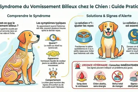 Guide sur le vomissement bilieux chez le chien. Symptômes : vomissures jaunes, léthargie, refus de manger. L'insuffisance hépatique chez le chien peut présenter des symptômes similaires.