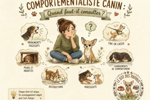 Illustration d'une jeune femme réfléchissant aux problèmes de comportement canin : aboiements, peurs, destructions, agressivité, tirage en laisse, changements. Un comportementaliste canin peut aider.