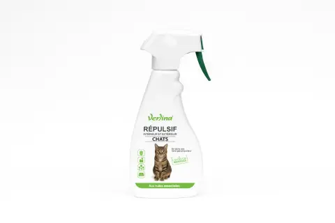 Flacon spray Verina Répulsif pour chats, intérieur/extérieur. Son odeur repulsif chat, à base d'huiles essentielles, éloigne les félins sans danger.