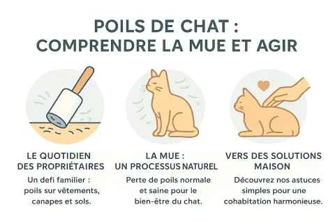 Rouleau pour enlever les poils de chat sur les vêtements, un chat en pleine mue, et une main caressant un chat. Astuces pour une cohabitation harmonieuse.