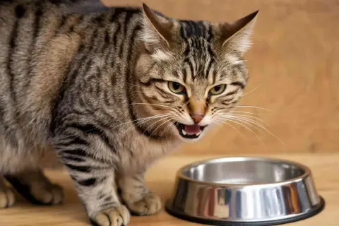 Un chat tigré, l'air contrarié, émet un miaulement du chat qui s'ennuie près d'une gamelle vide.