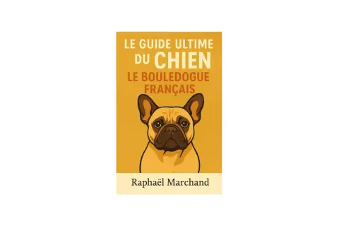 Couverture du livre "Le Guide Ultime du Chien : Le Bouledogue Français". Un bouledogue français au regard expressif est représenté, suggérant des conseils sur sa nourriture et son bien-être.